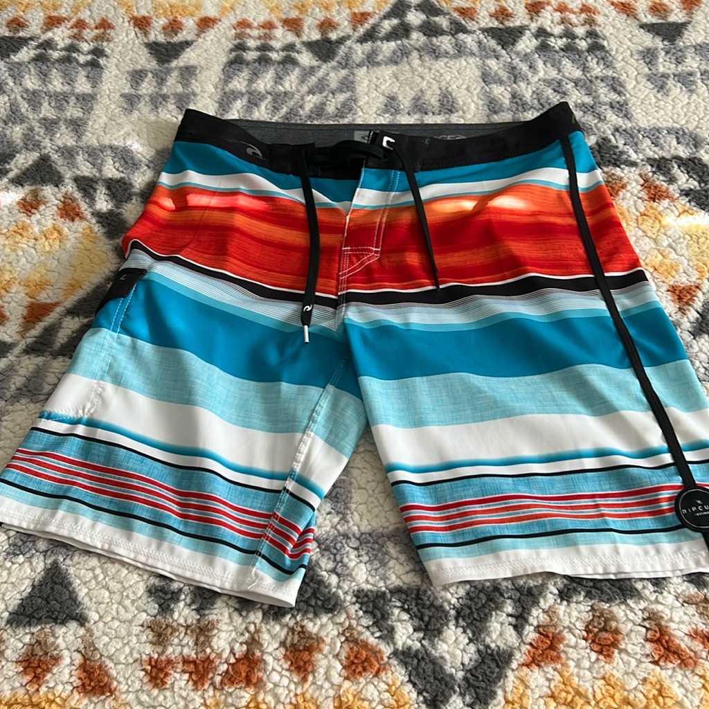 Ripcurl Size 32” Waist Men’s Board Shorts. Black, Blue, White, Red, And Orange.
